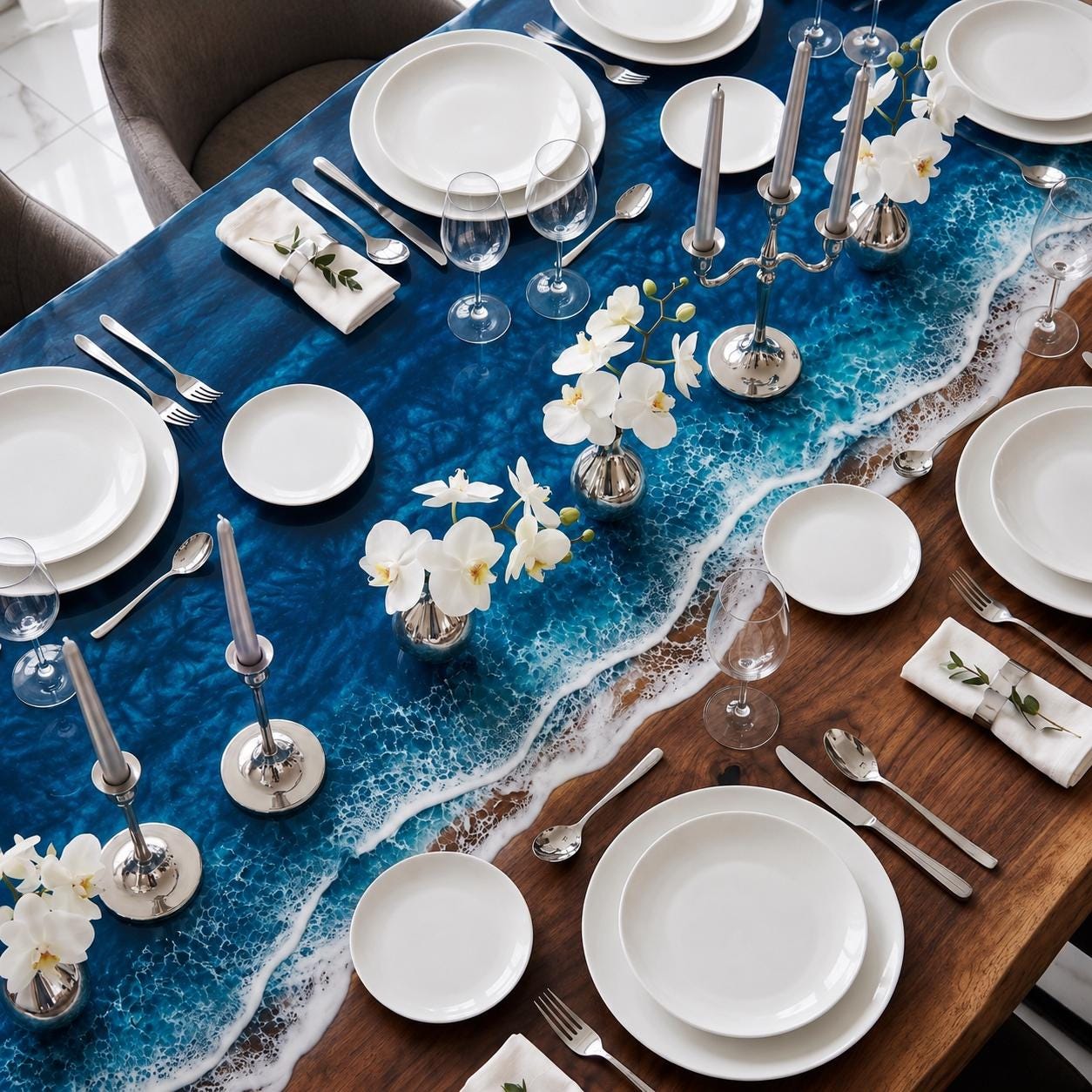 Dark Ocean Epoxy Dining Table, Walnut Resin Coffee Table, Coastal Furniture