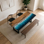 Dark Ocean Epoxy Dining Table, Walnut Resin Coffee Table, Coastal Furniture