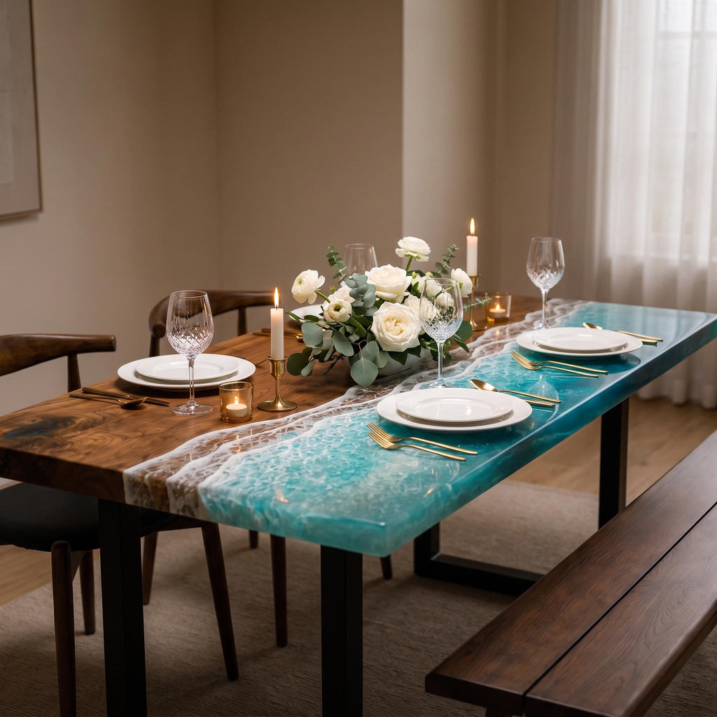 Bright Ocean Epoxy Table, Walnut Coffee or Dining Table, Coastal Furniture