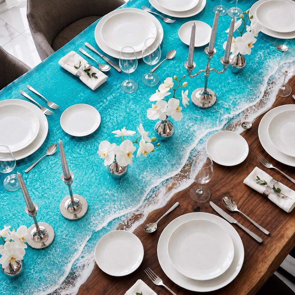 Bright Ocean Epoxy Table, Walnut Coffee or Dining Table, Coastal Furniture