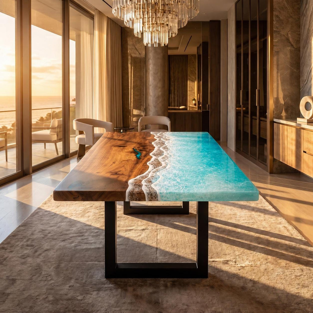 Bright Ocean Epoxy Table, Walnut Coffee or Dining Table, Coastal Furniture