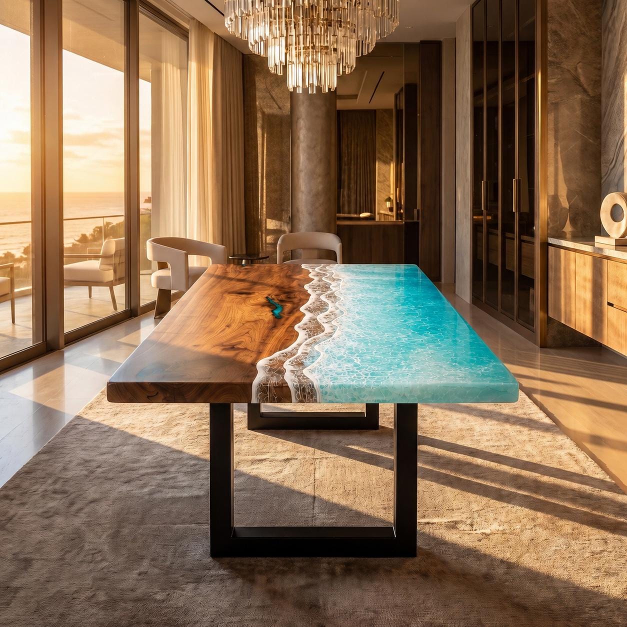 Bright Ocean Epoxy Table, Walnut Coffee or Dining Table, Coastal Furniture