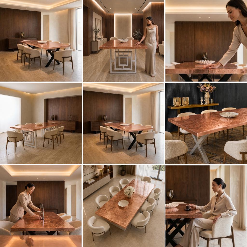 Tavolo da Pranzo in Rame Foglia Oro Epossidica Personalizzato, Mobili di Lusso in Resina, Protezione Superficiale di 10 Anni