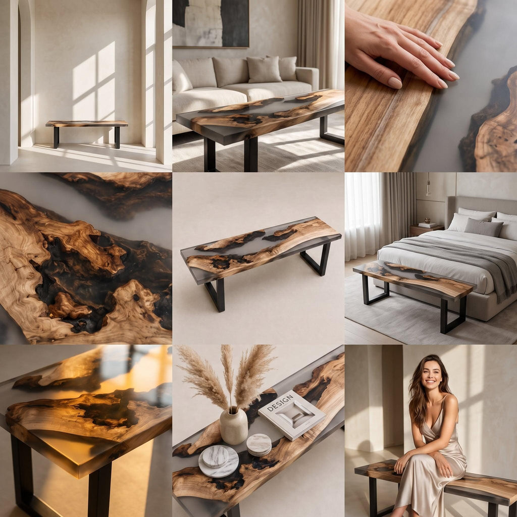 Custom Walnut Live Edge Epoxy Bench, Resin Furniture for Dining Entryways