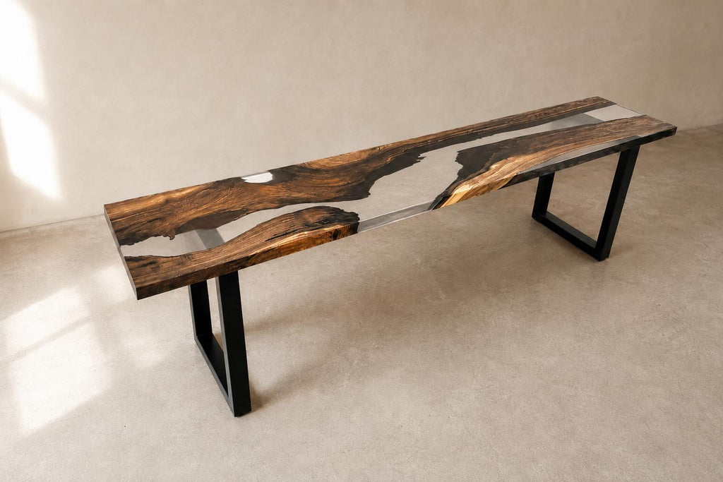 Custom Walnut Live Edge Epoxy Bench, Resin Furniture for Dining Entryways