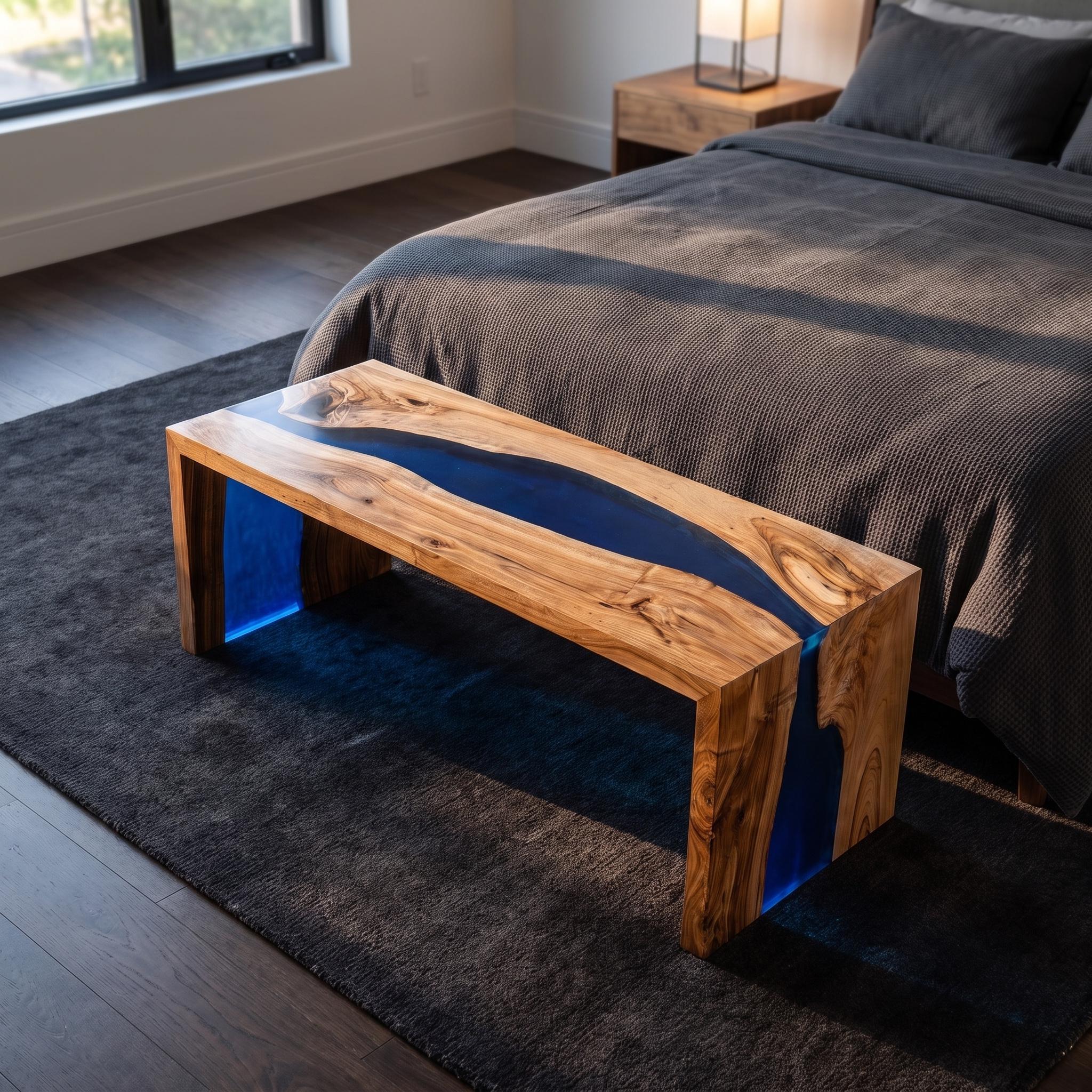 Custom Walnut Epoxy Waterfall Bench, Live Edge Resin River Bed End or Entryway Bench