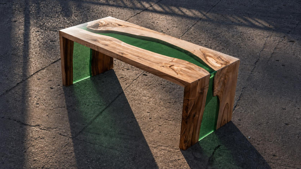 Custom Walnut Epoxy Waterfall Bench, Live Edge Resin River Bed End or Entryway Bench