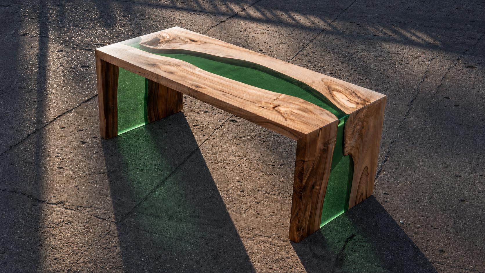 Custom Walnut Epoxy Waterfall Bench, Live Edge Resin River Bed End or Entryway Bench
