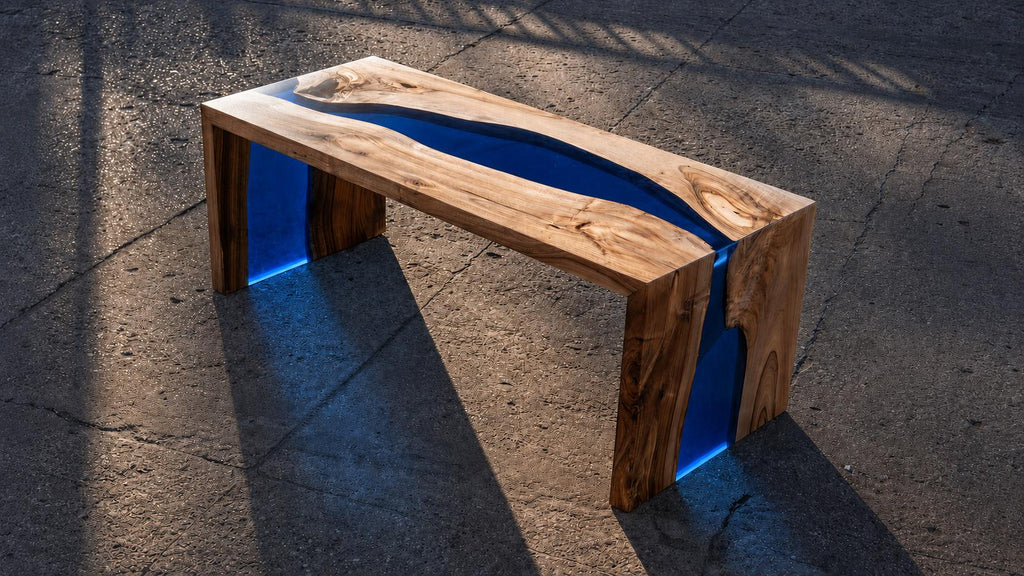 Custom Walnut Epoxy Waterfall Bench, Live Edge Resin River Bed End or Entryway Bench