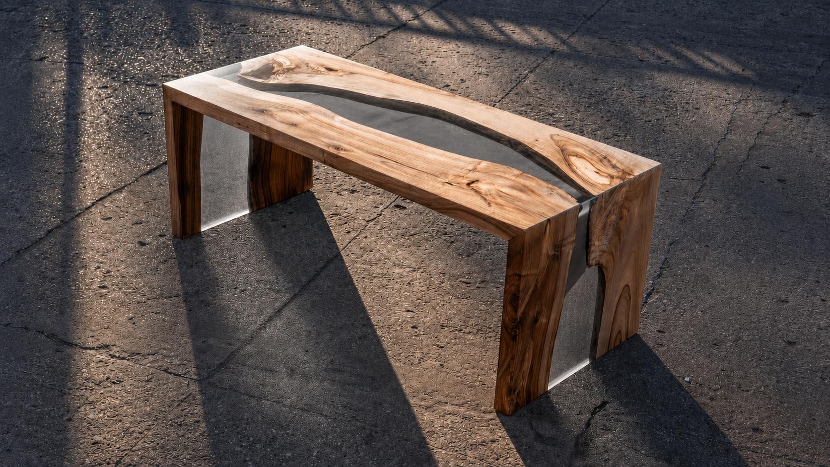 Custom Walnut Epoxy Waterfall Bench, Live Edge Resin River Bed End or Entryway Bench