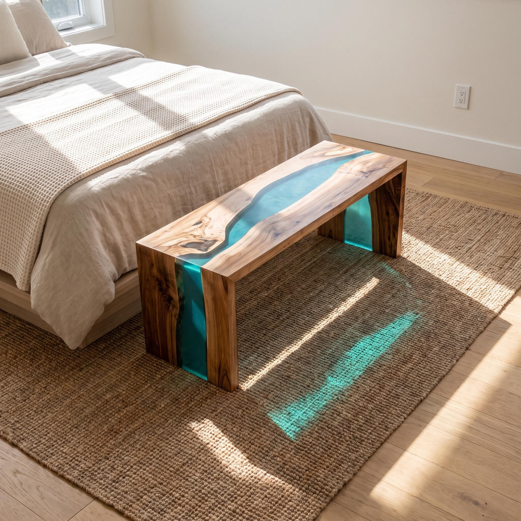 Custom Walnut Epoxy Waterfall Bench, Live Edge Resin River Bed End or Entryway Bench
