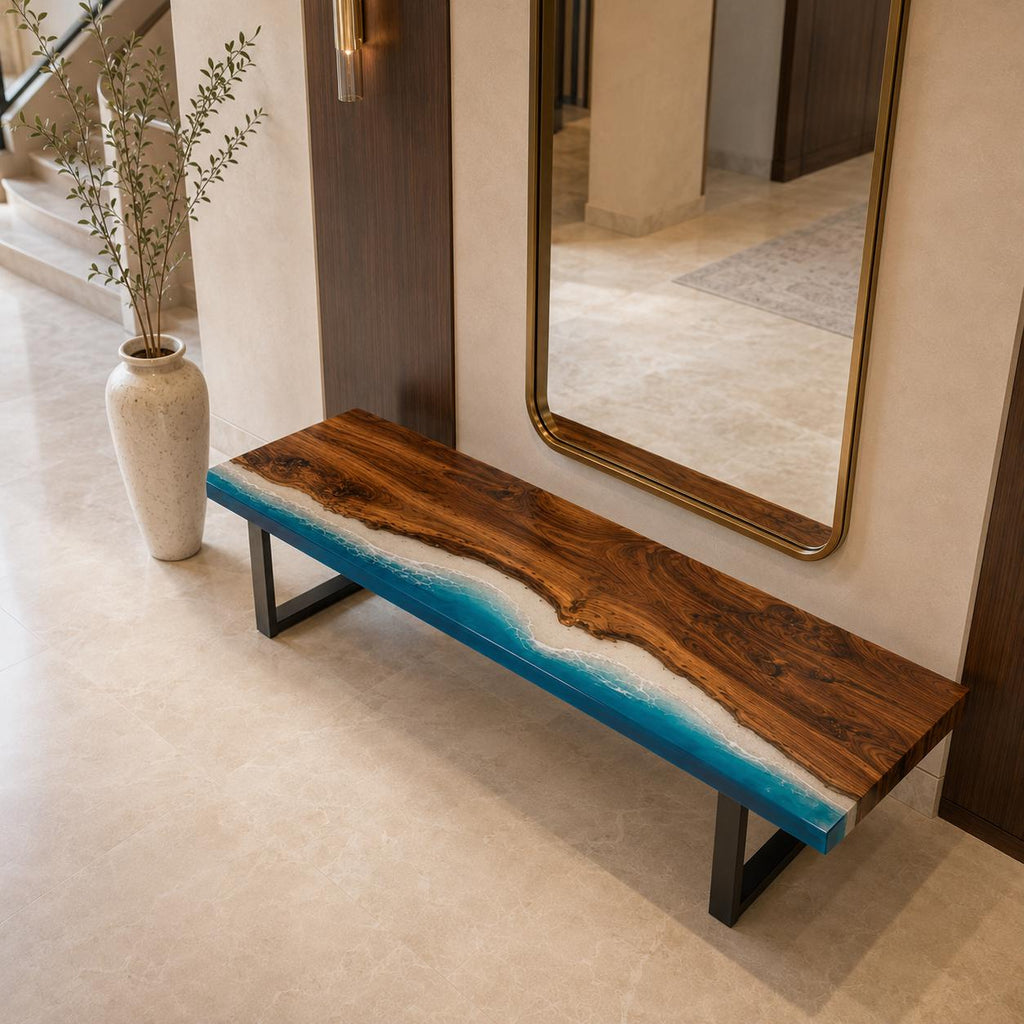Custom Walnut Ocean Epoxy Bench, Live Edge Resin Wave Entryway or Bedroom Bench