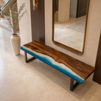 Custom Walnut Ocean Epoxy Bench, Live Edge Resin Wave Entryway or Bedroom Bench