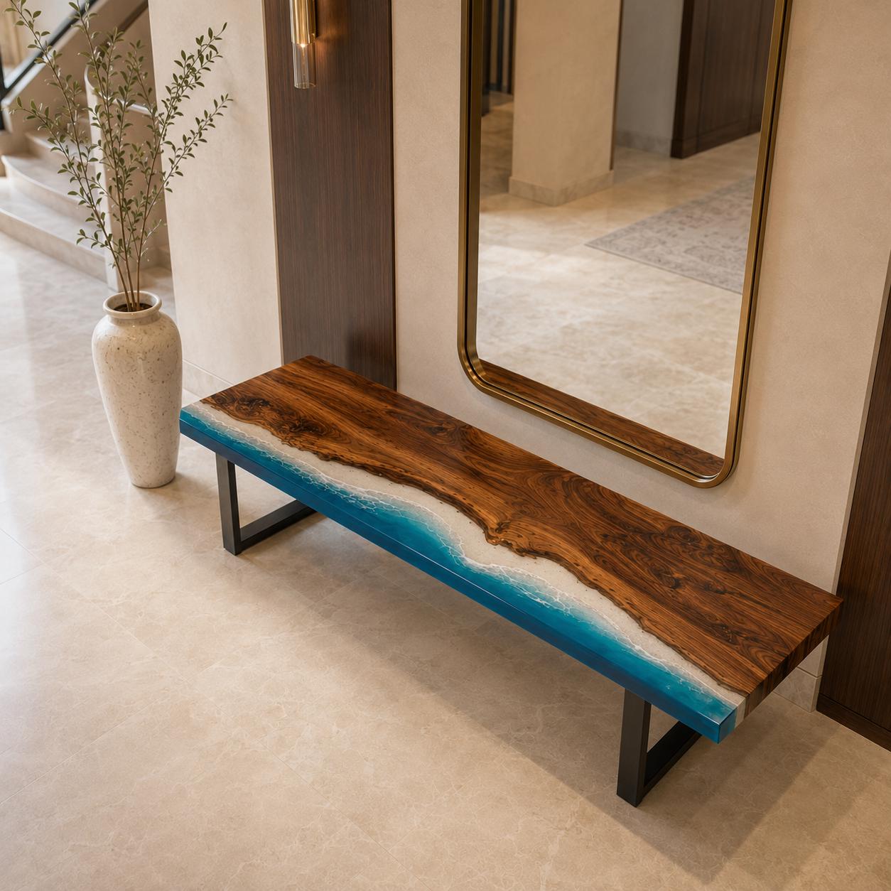 Custom Walnut Ocean Epoxy Bench, Live Edge Resin Wave Entryway or Bedroom Bench