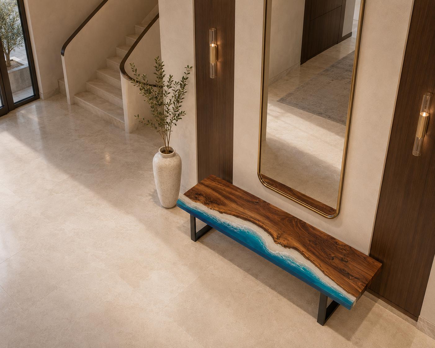 Custom Walnut Ocean Epoxy Bench, Live Edge Resin Wave Entryway or Bedroom Bench