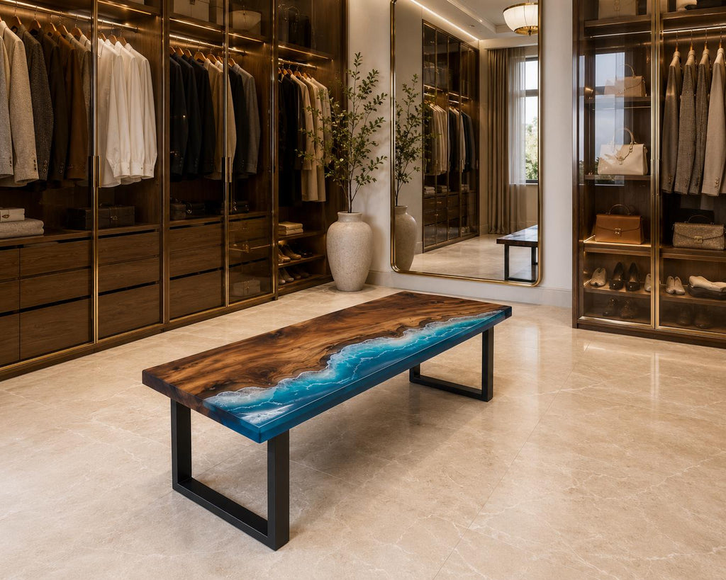 Custom Walnut Ocean Epoxy Bench, Live Edge Resin Wave Entryway or Bedroom Bench