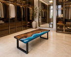 Custom Walnut Ocean Epoxy Bench, Live Edge Resin Wave Entryway or Bedroom Bench