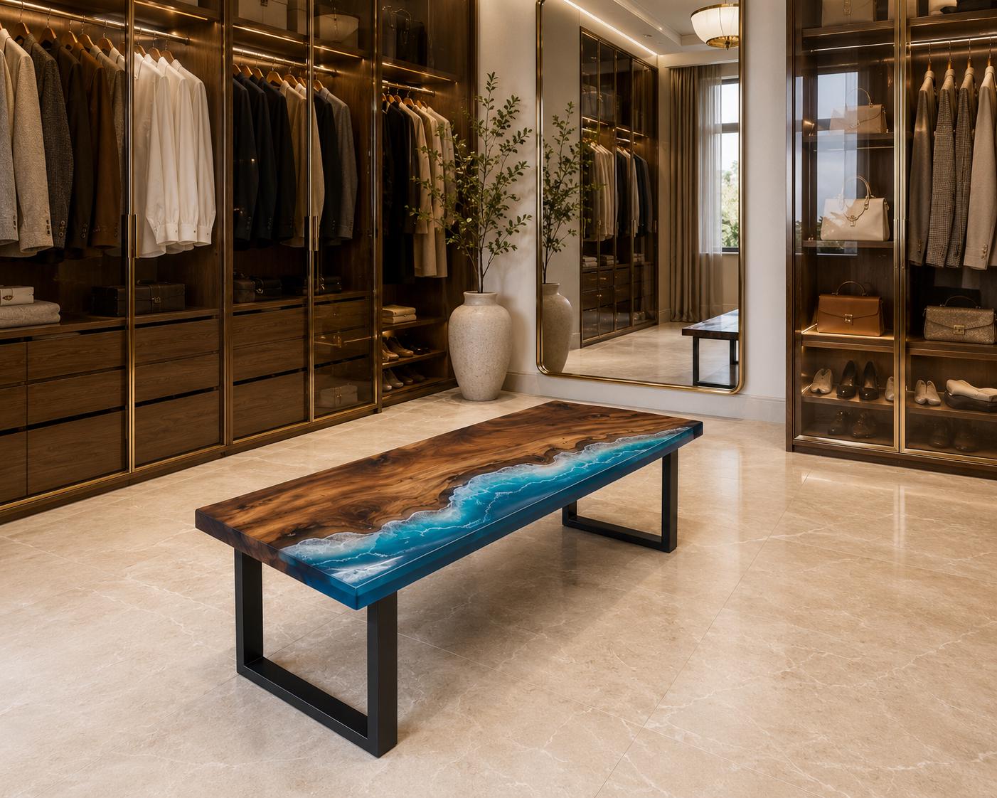 Custom Walnut Ocean Epoxy Bench, Live Edge Resin Wave Entryway or Bedroom Bench