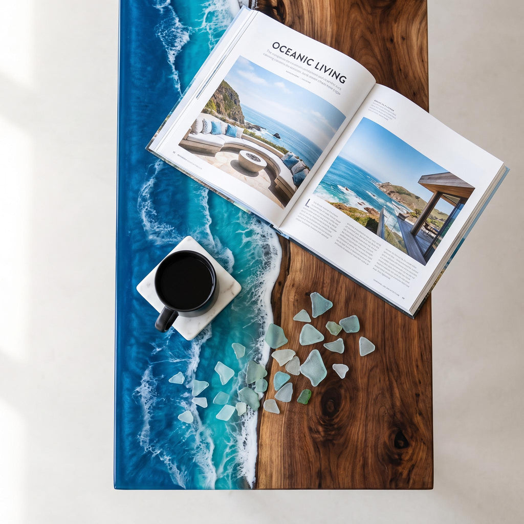 Custom Walnut Ocean Epoxy Bench, Live Edge Resin Wave Entryway or Bedroom Bench