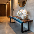 Custom Walnut Ocean Epoxy Bench, Live Edge Resin Wave Entryway or Bedroom Bench