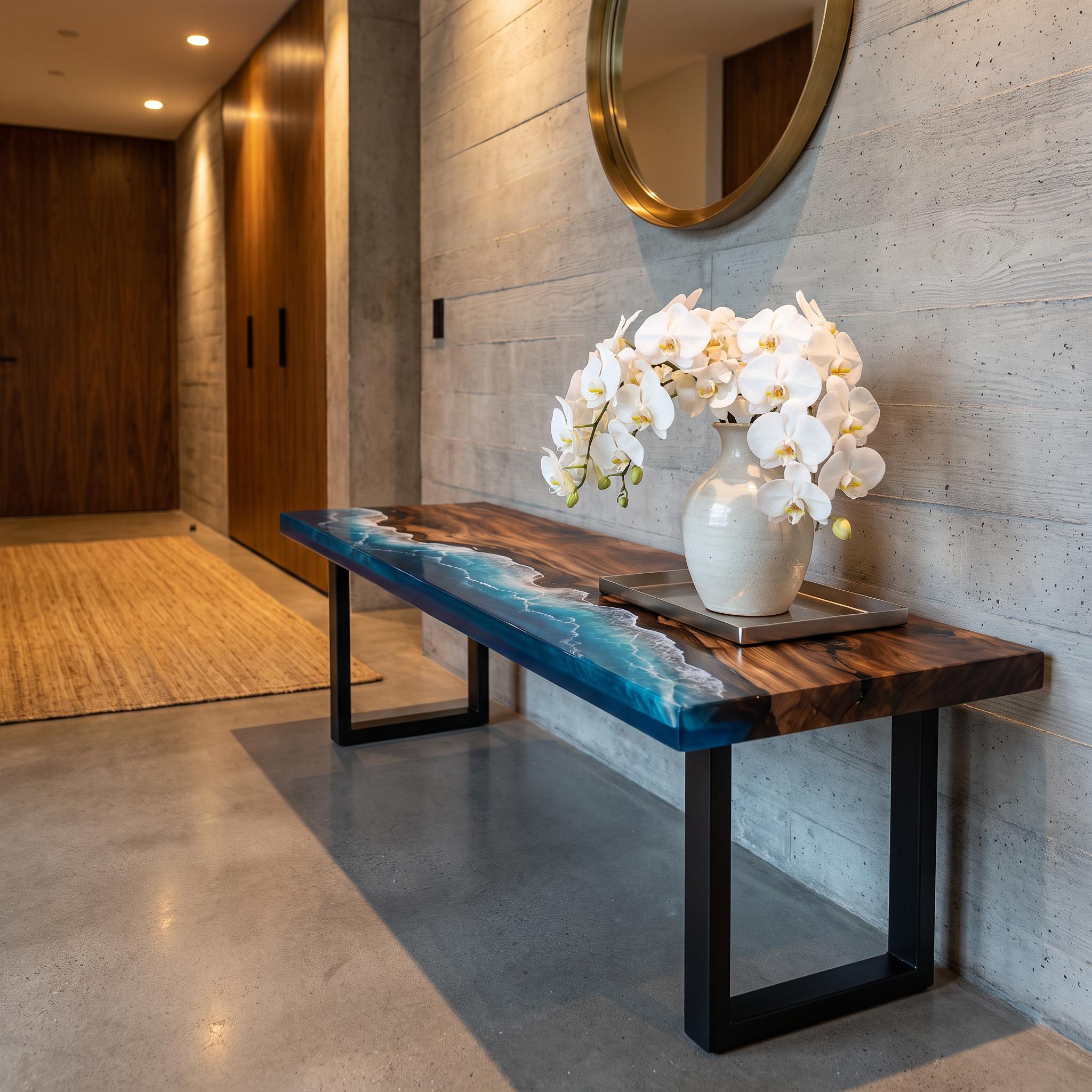 Custom Walnut Ocean Epoxy Bench, Live Edge Resin Wave Entryway or Bedroom Bench