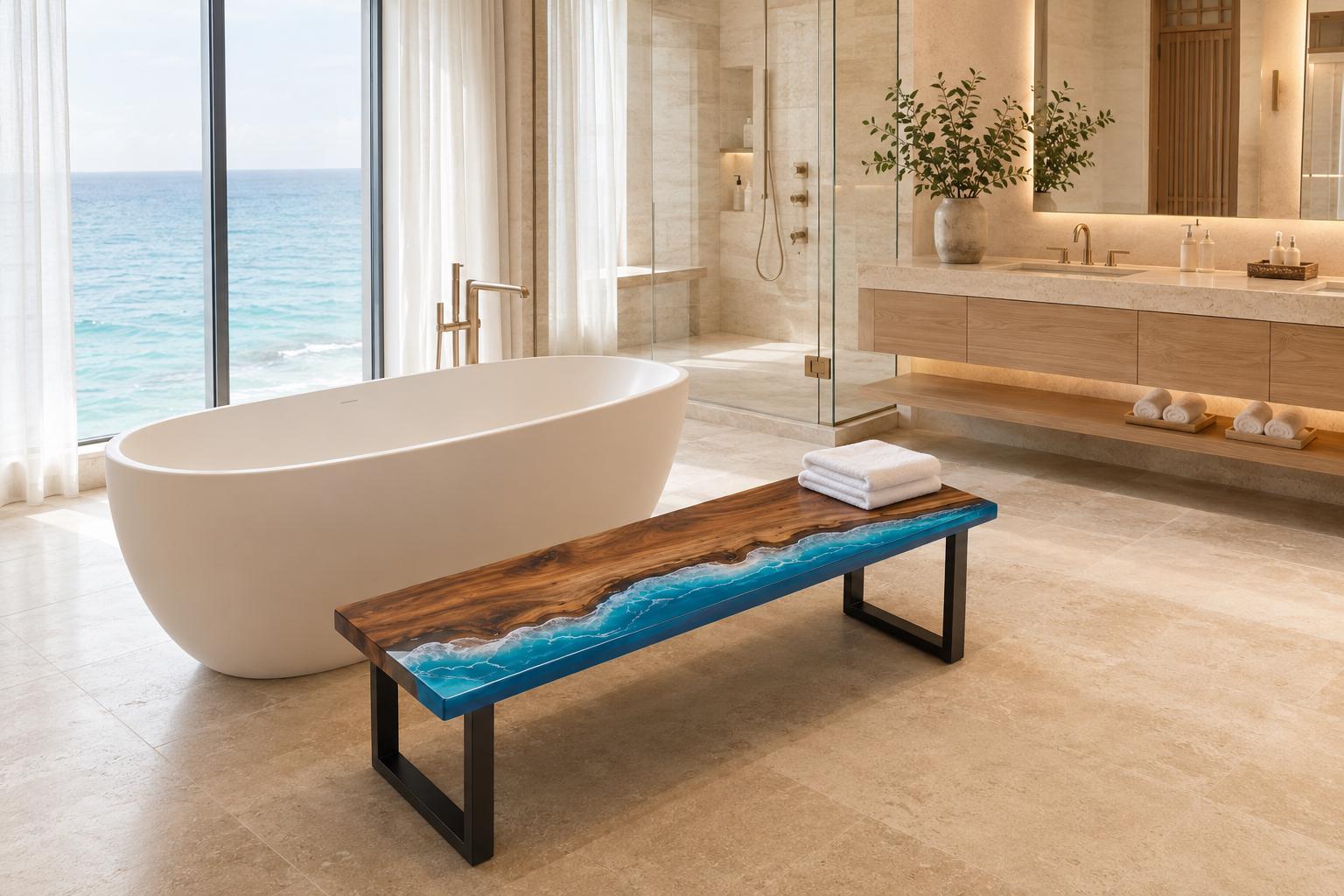 Custom Walnut Ocean Epoxy Bench, Live Edge Resin Wave Entryway or Bedroom Bench