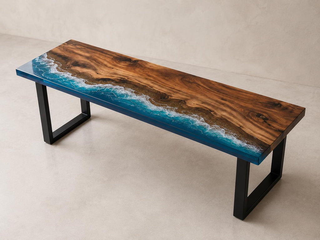 Custom Walnut Ocean Epoxy Bench, Live Edge Resin Wave Entryway or Bedroom Bench