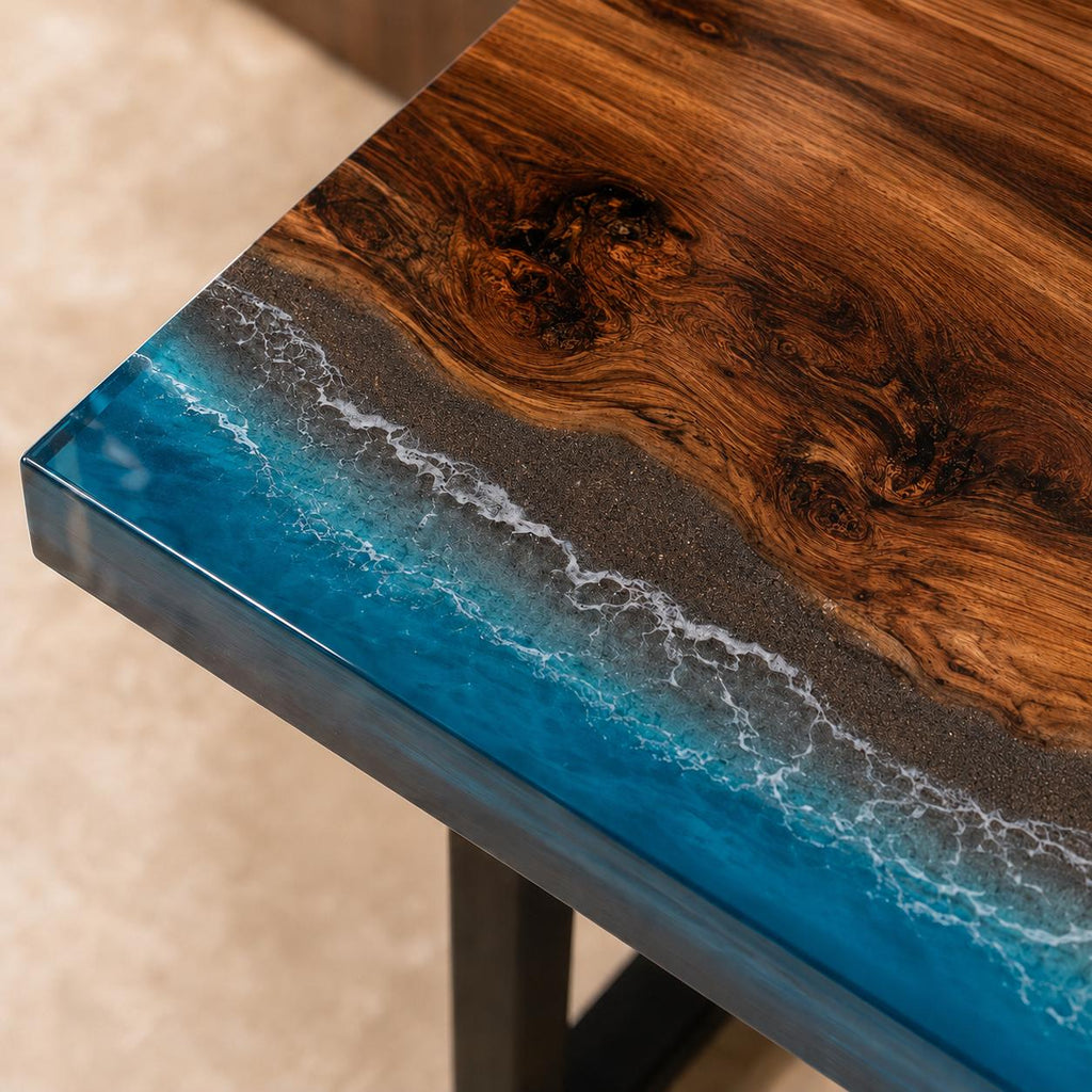 Custom Walnut Ocean Epoxy Bench, Live Edge Resin Wave Entryway or Bedroom Bench