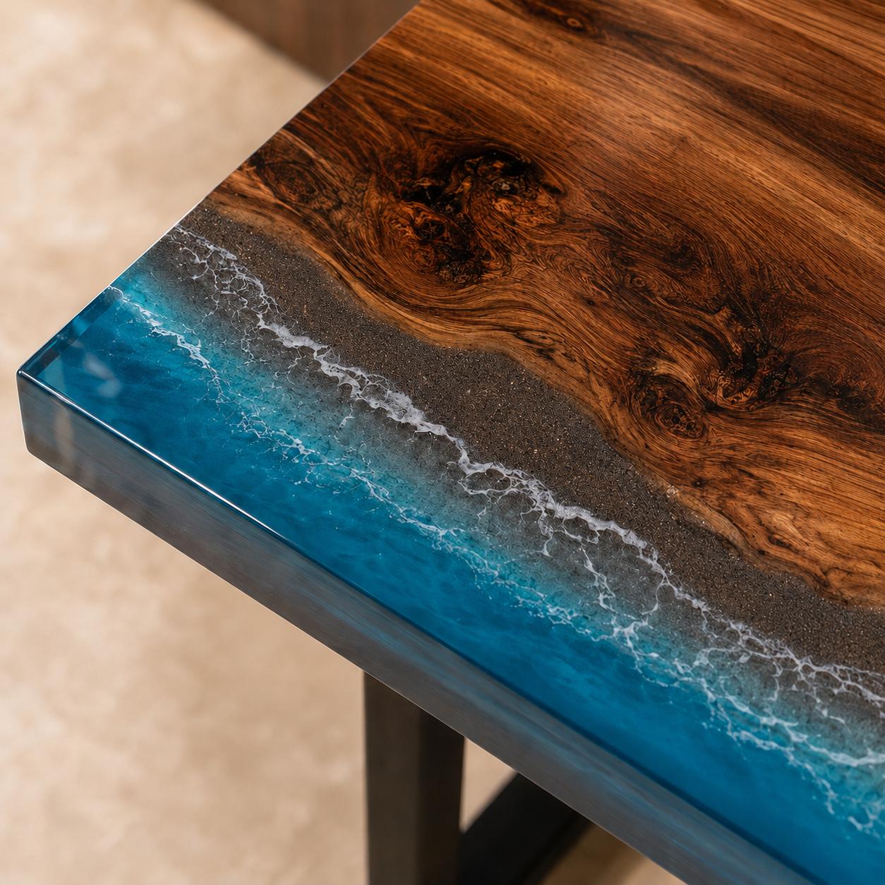 Custom Walnut Ocean Epoxy Bench, Live Edge Resin Wave Entryway or Bedroom Bench