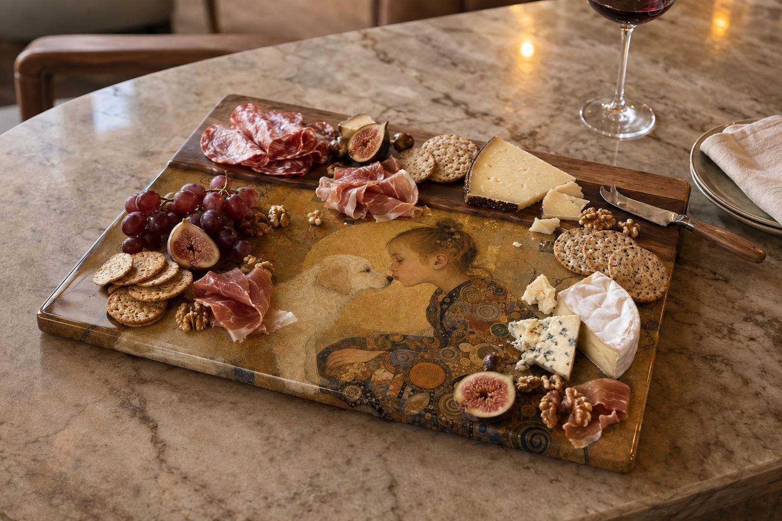 Custom Photo Serving Board, Klimt Inspired Walnut Resin Art, Personalized Portrait Gift