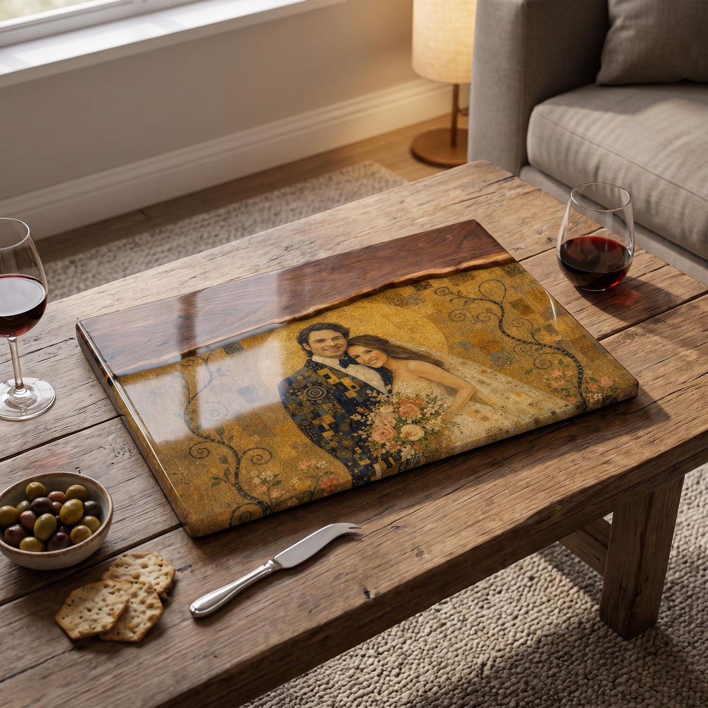 Custom Photo Serving Board, Klimt Inspired Walnut Resin Art, Personalized Portrait Gift