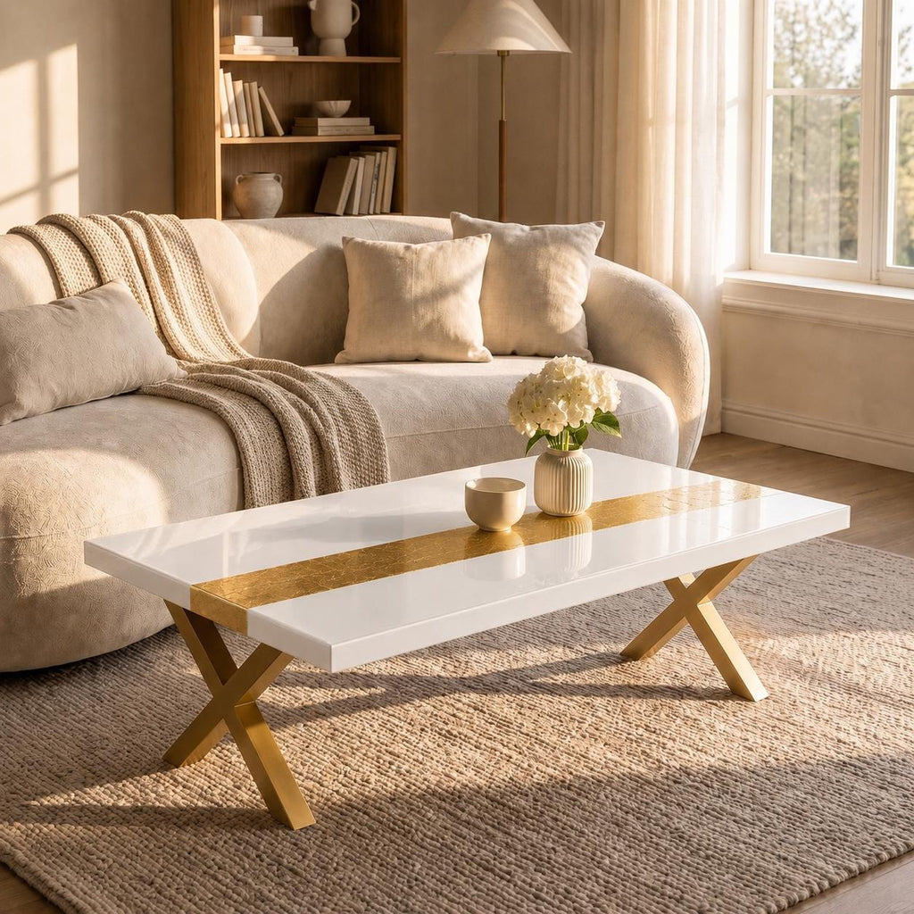 Custom White Epoxy Table with Genuine 24K Gold Leaf Stripe | Coffee or Dining Table