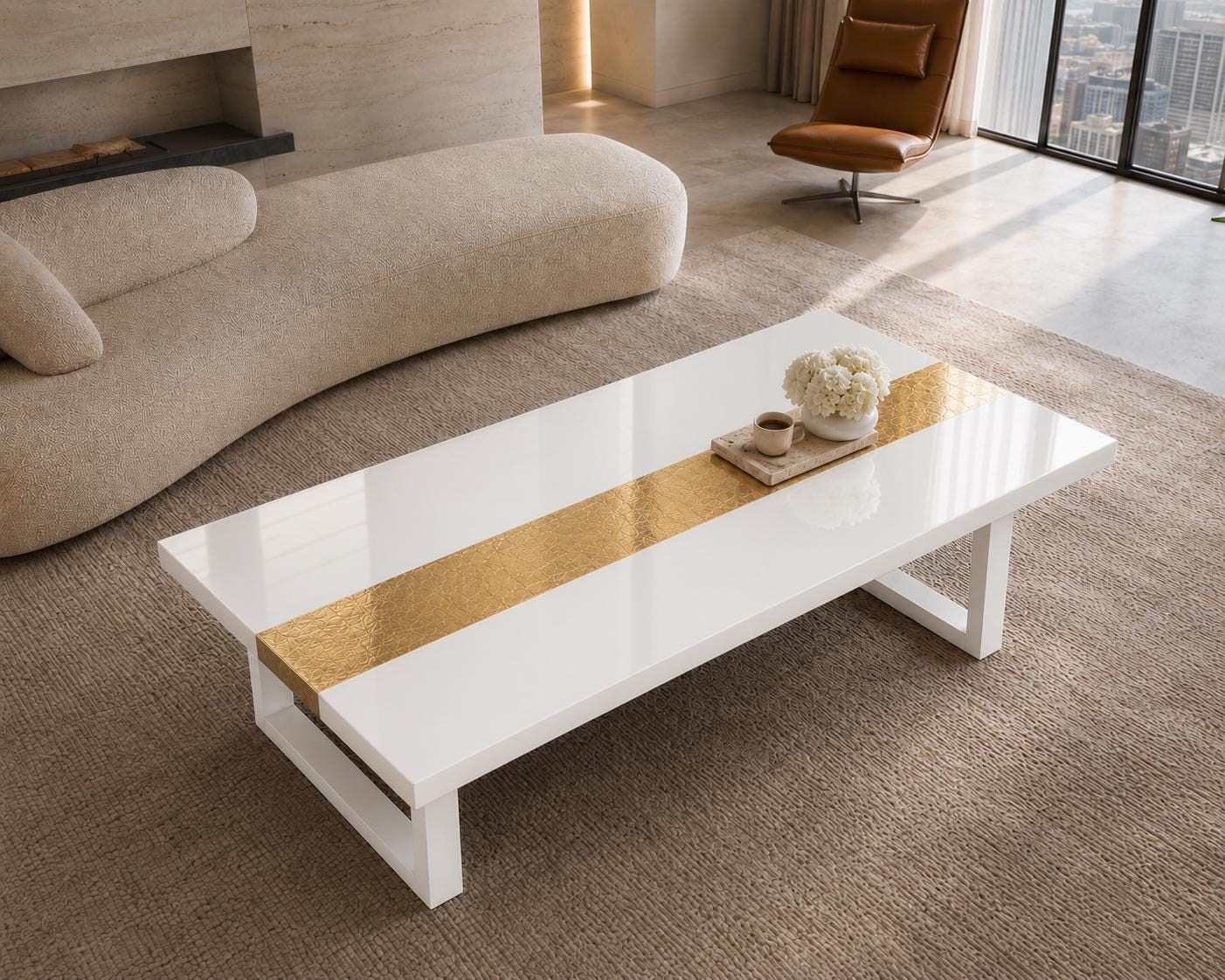 Custom White Epoxy Table with Genuine 24K Gold Leaf Stripe | Coffee or Dining Table