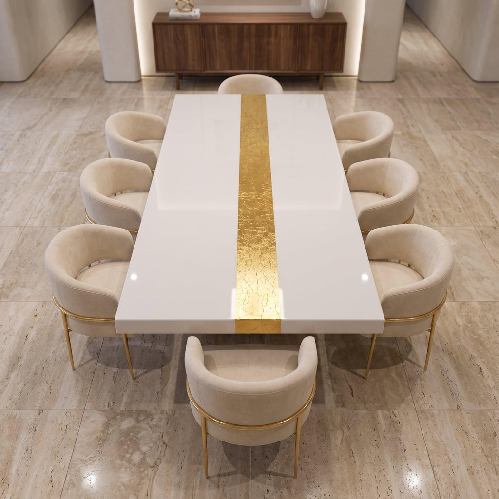 Custom White Epoxy Table with Genuine 24K Gold Leaf Stripe | Coffee or Dining Table