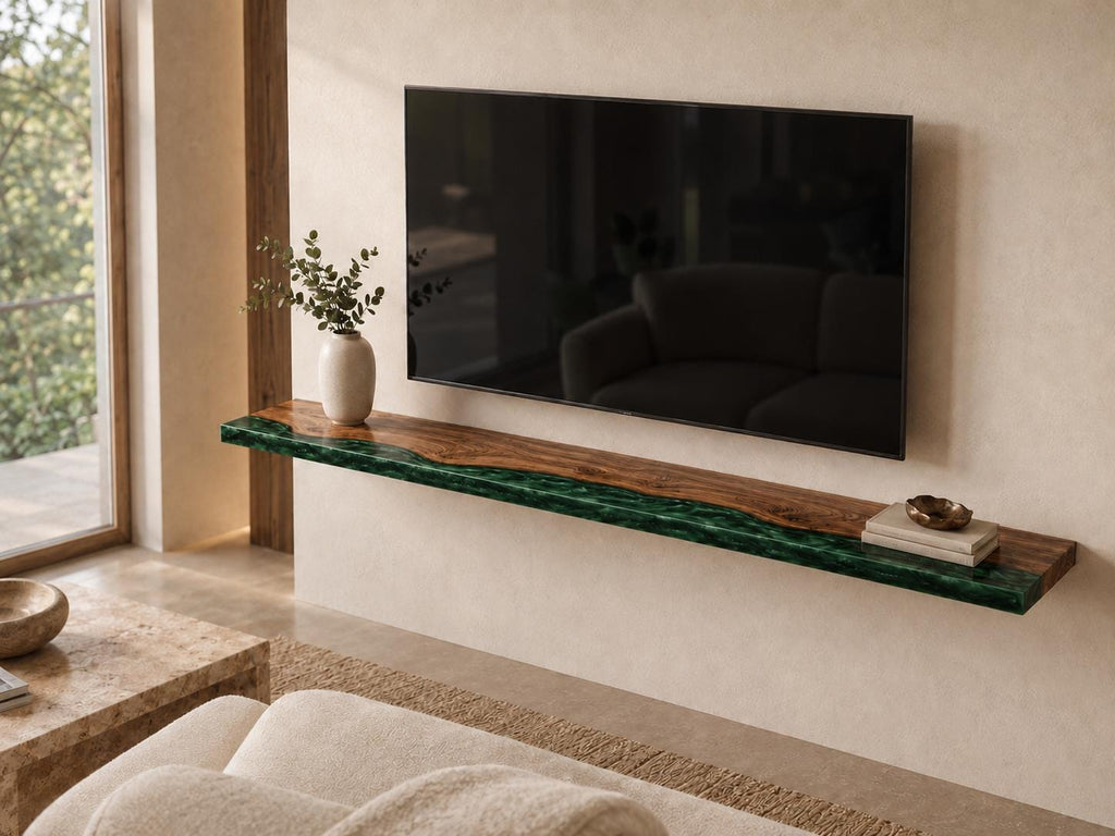Walnut Epoxy Floating Shelf, Custom Live Edge Wall Shelf in Colors