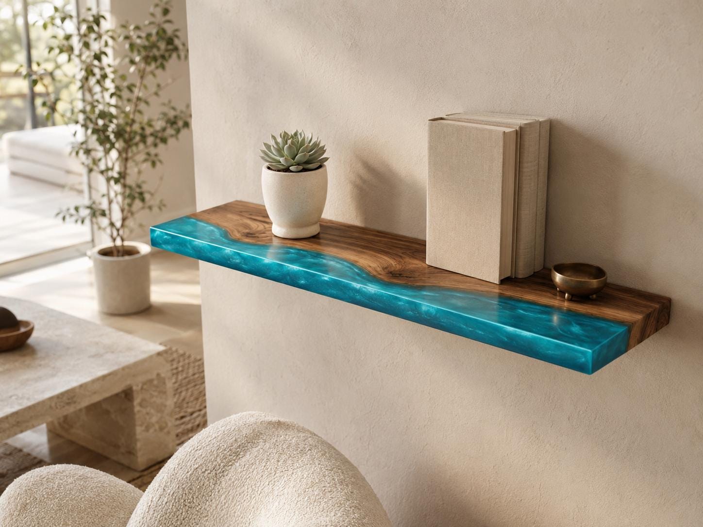 Walnut Epoxy Floating Shelf, Custom Live Edge Wall Shelf in Colors