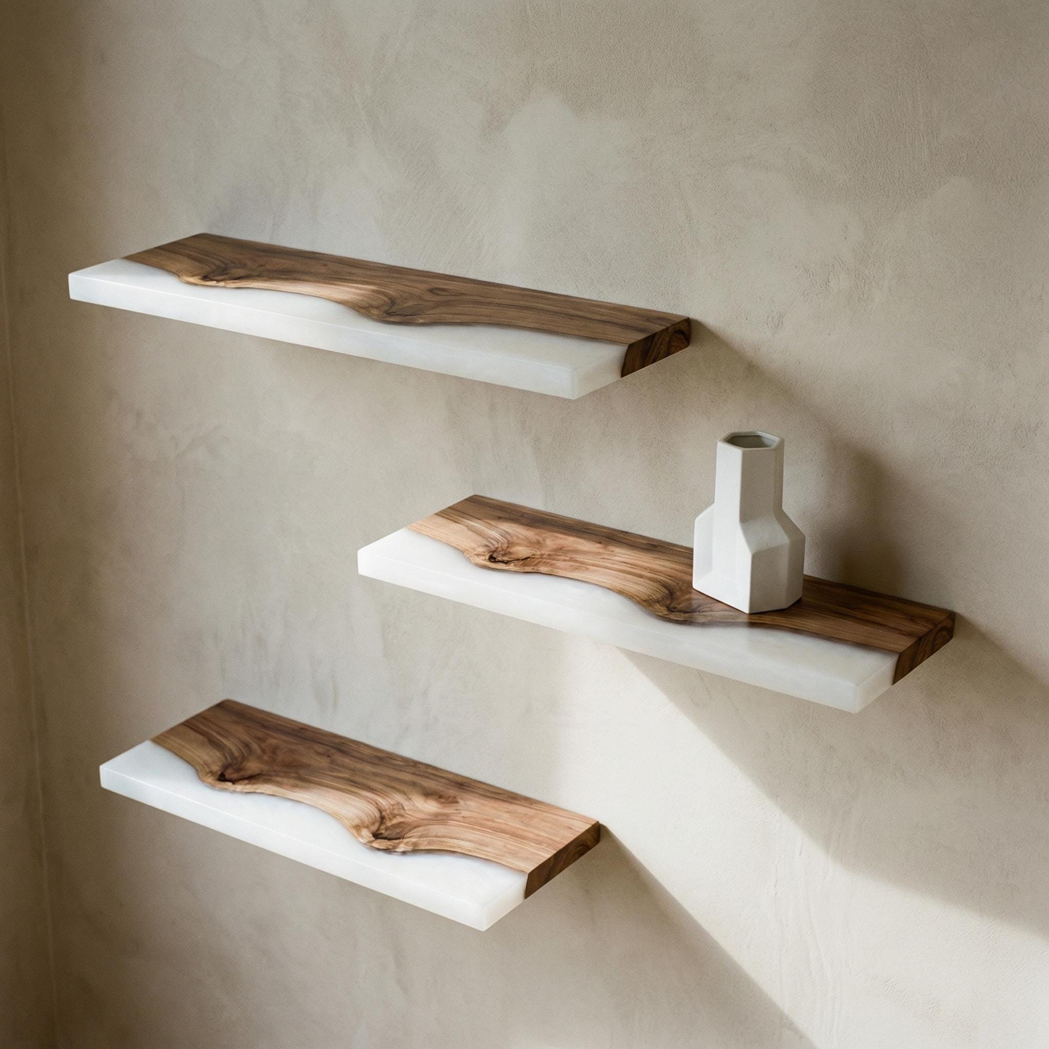 Walnut Epoxy Floating Shelf, Custom Live Edge Wall Shelf in Colors