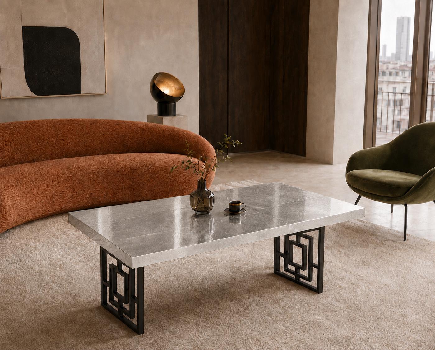 Silver Leaf Epoxy Coffee Table, Custom Resin Center Table with Metal Legs
