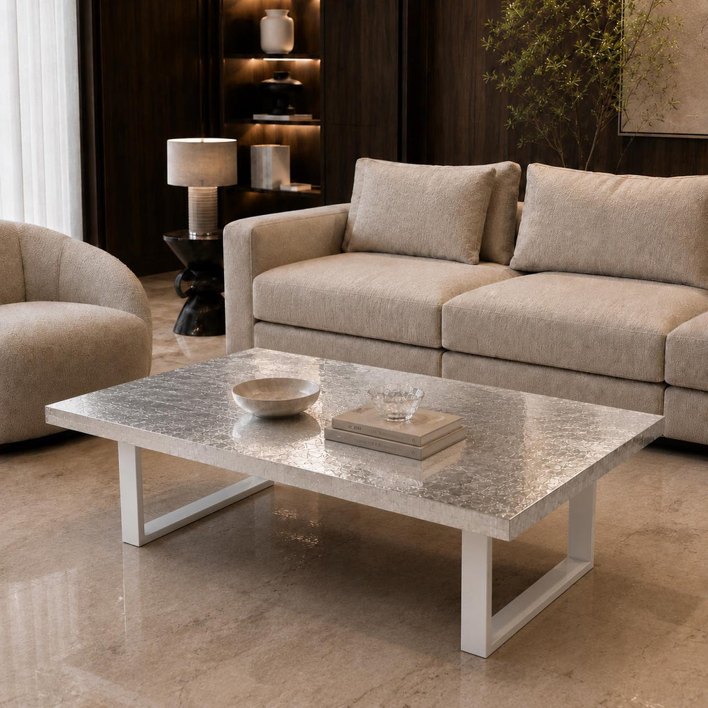 Silver Leaf Epoxy Coffee Table, Custom Resin Center Table with Metal Legs