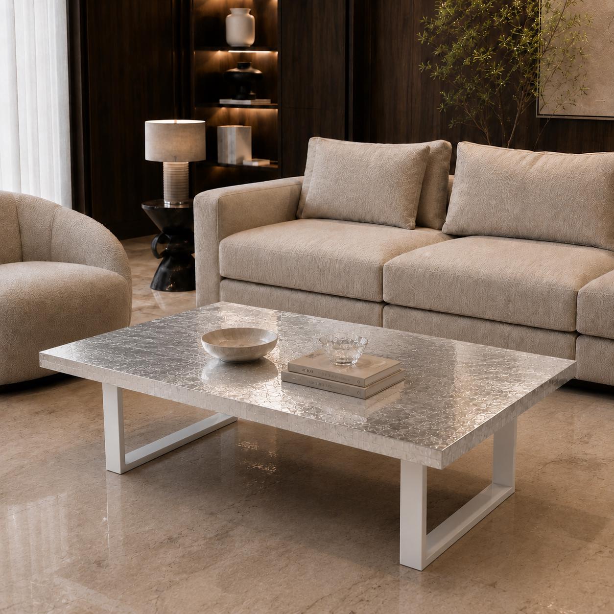 Silver Leaf Epoxy Coffee Table, Custom Resin Center Table with Metal Legs
