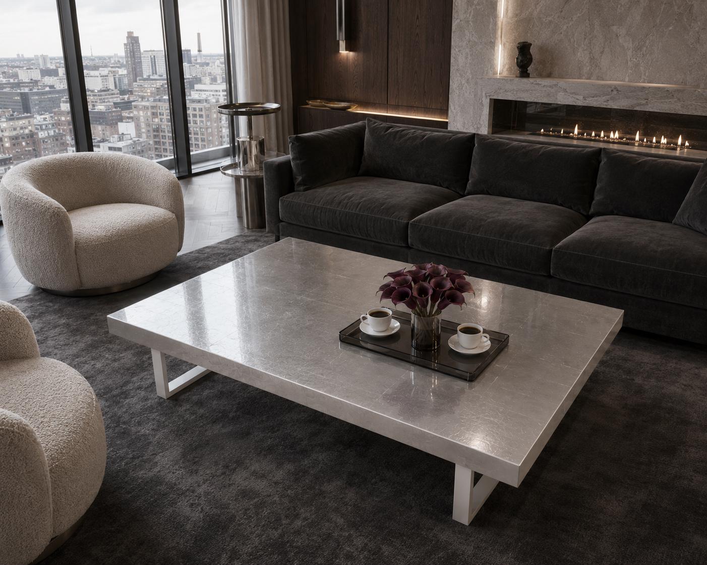 Silver Leaf Epoxy Coffee Table, Custom Resin Center Table with Metal Legs