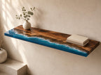 Walnut Epoxy Floating Shelf, Custom Live Edge Wall Shelf in Transparent Colors