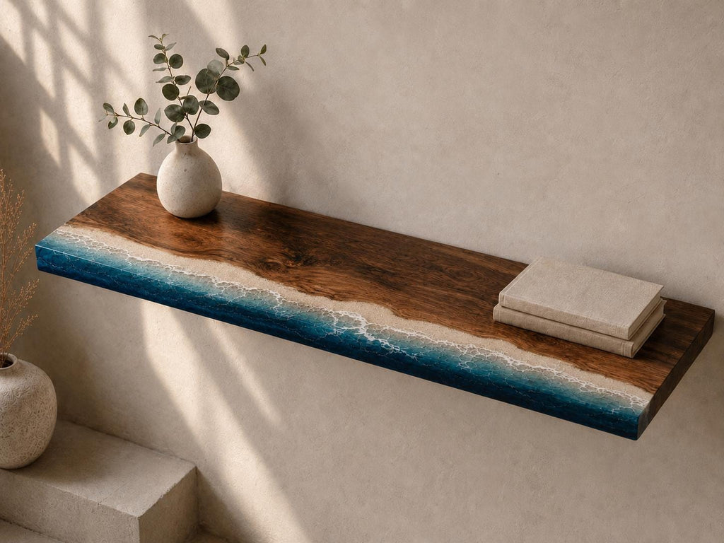 Walnut Epoxy Floating Shelf, Custom Live Edge Wall Shelf in Transparent Colors