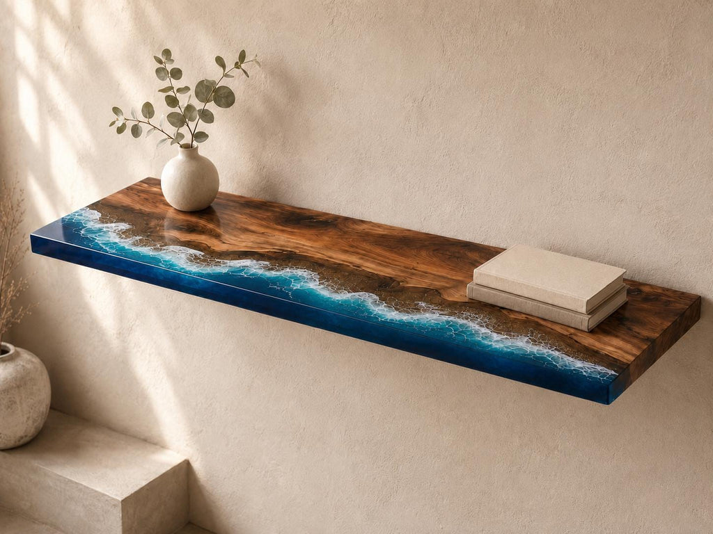 Walnut Epoxy Floating Shelf, Custom Live Edge Wall Shelf in Transparent Colors