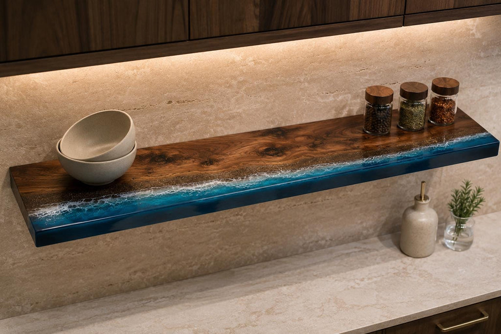 Walnut Epoxy Floating Shelf, Custom Live Edge Wall Shelf in Transparent Colors