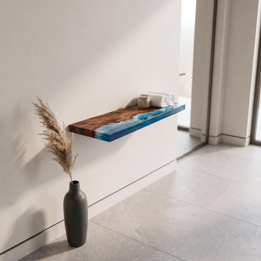 Walnut Epoxy Floating Shelf, Custom Live Edge Wall Shelf in Transparent Colors