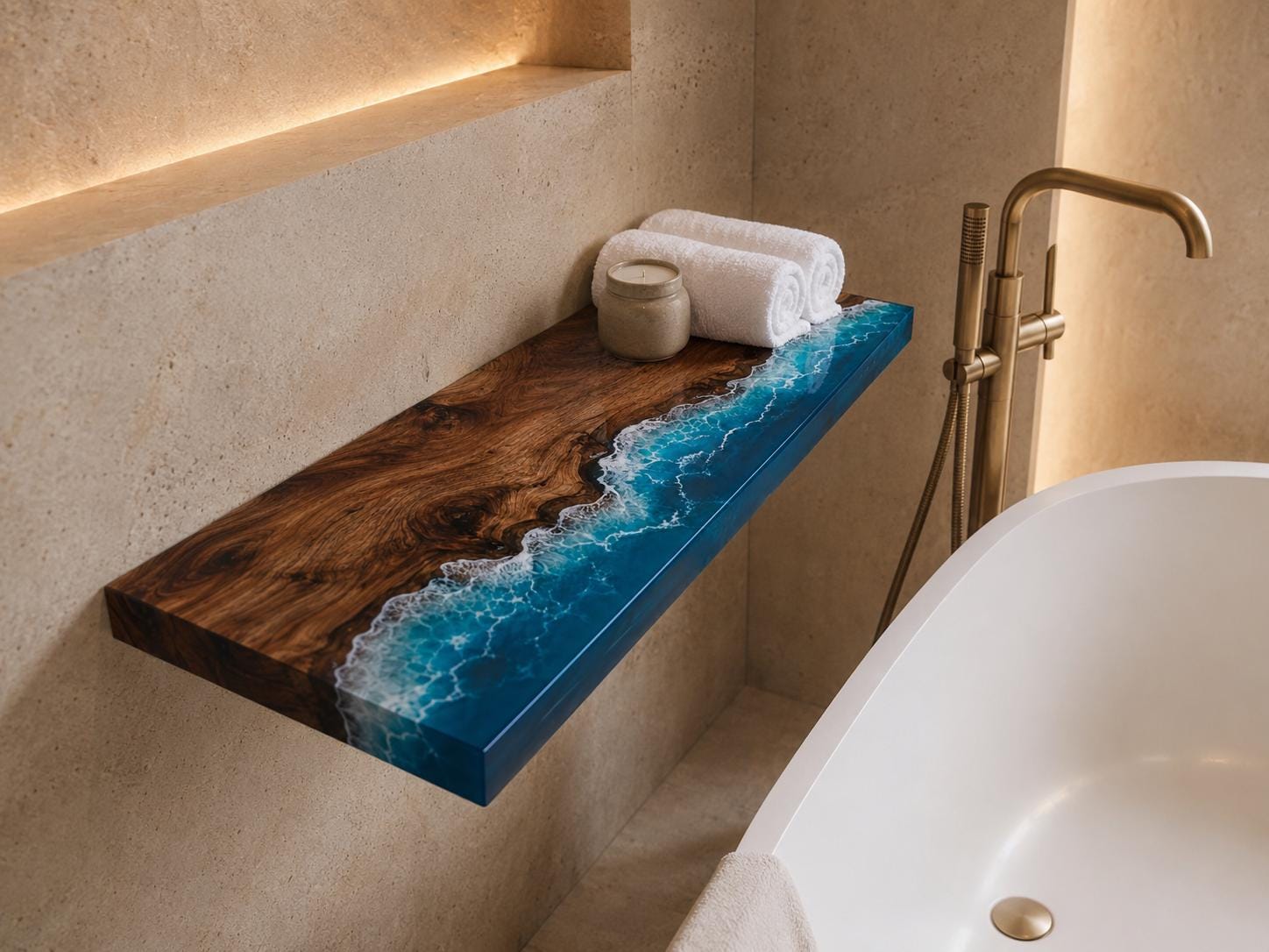 Walnut Epoxy Floating Shelf, Custom Live Edge Wall Shelf in Transparent Colors