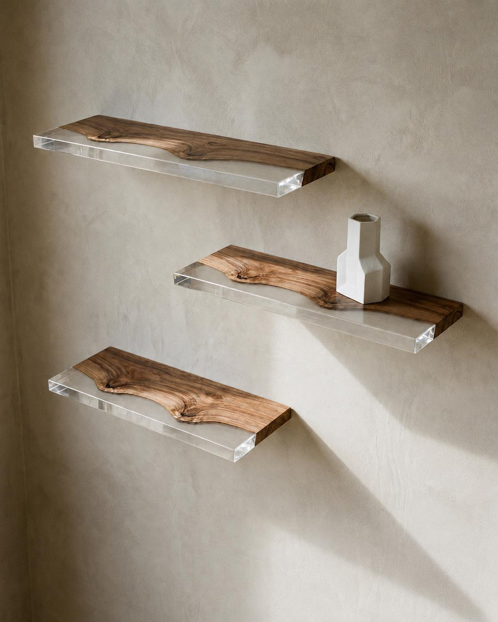 Walnut Wood Floating Shelf with Transparent Epoxy Resin, Handmade Live Edge Wall Shelf, Custom Color