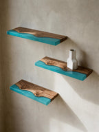 Walnut Wood Floating Shelf with Transparent Epoxy Resin, Handmade Live Edge Wall Shelf, Custom Color