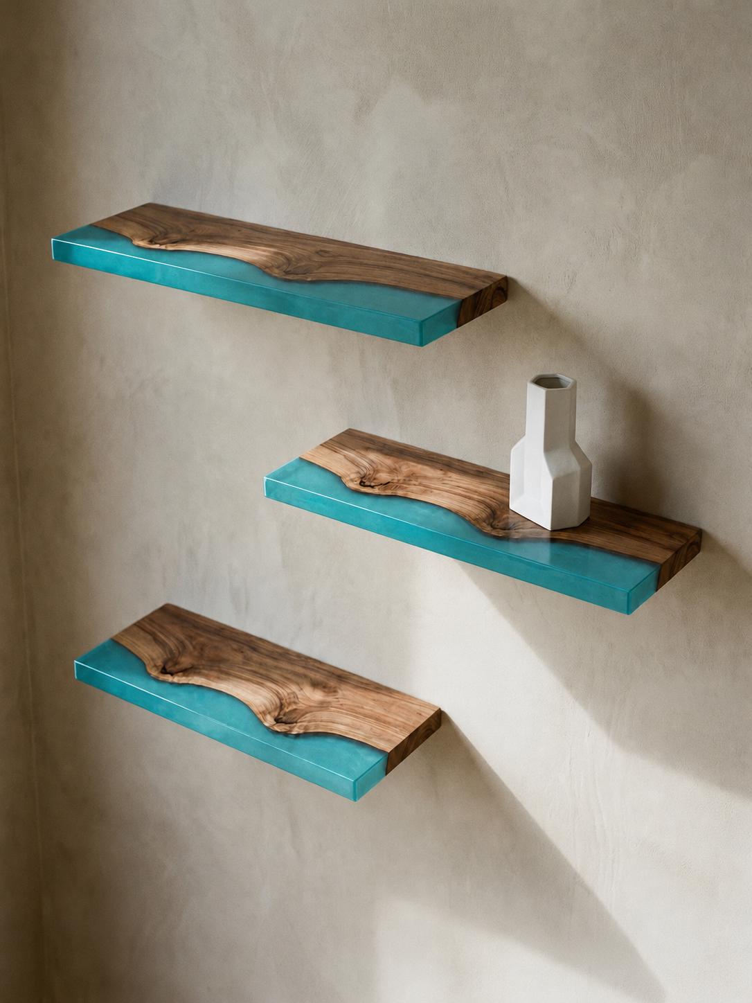 Walnut Wood Floating Shelf with Transparent Epoxy Resin, Handmade Live Edge Wall Shelf, Custom Color